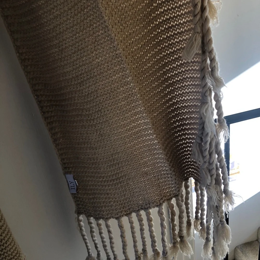 Ily Couture Tan Camel Chunky Knit Tassel Fringe Scarf Oversized Cozy Neutral